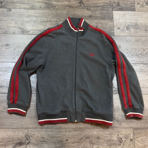 Vintage Y2K Tommy Hilfiger TH Logo Gray Red Stripes Full Zip Jacket Men's Medium - Picture 1 of 9